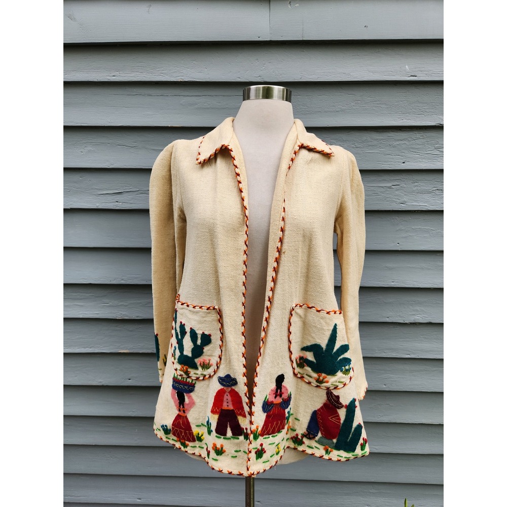 Vintage 50s Mexican Tourist Jacket Cream Embroidered Folk Art Applique Medium - Picture 3 of 8